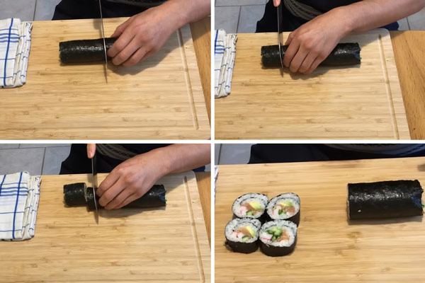 Cắt cuộn sushi thành các phần bằng nhau